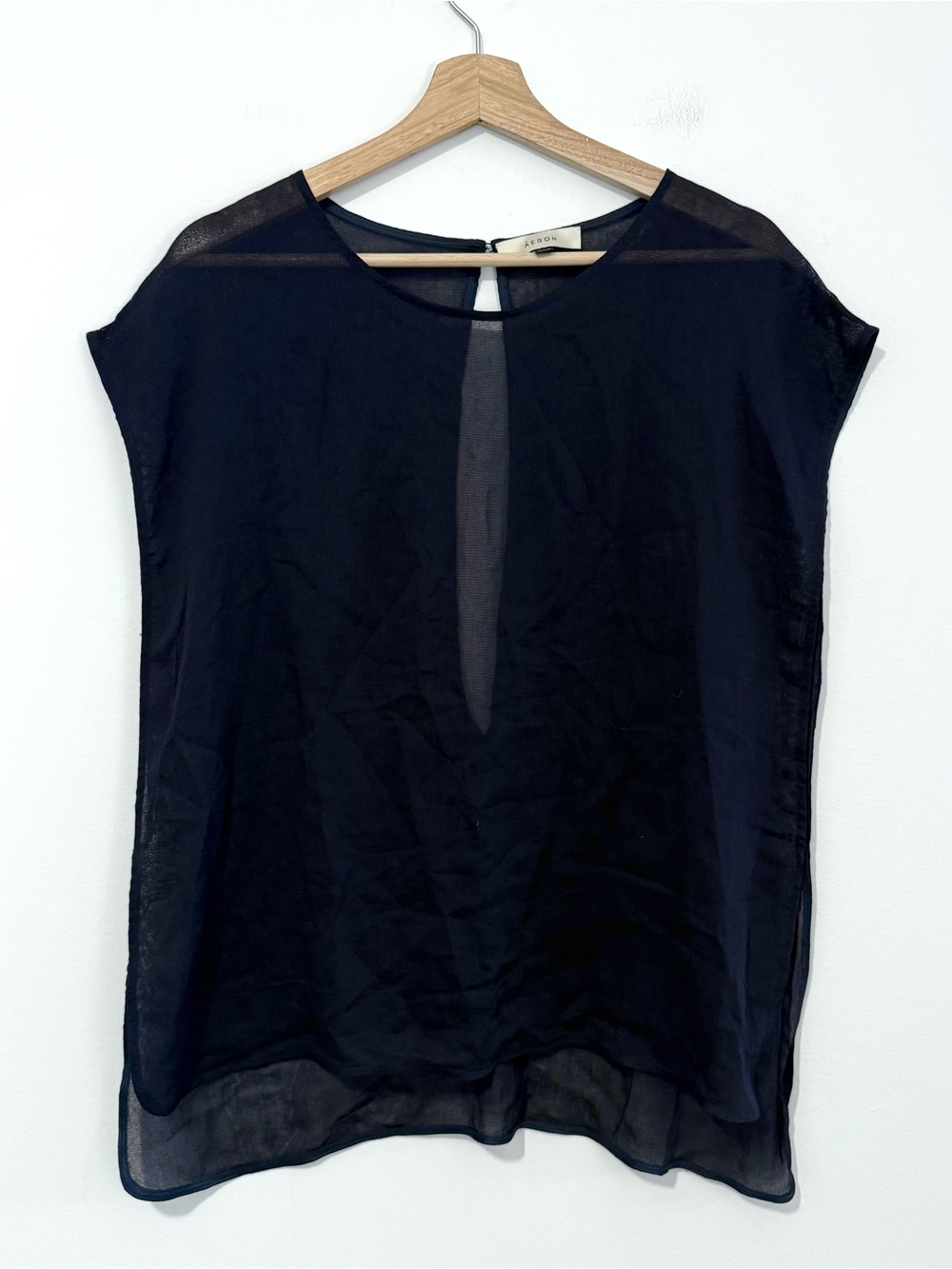 Aeron Navy Sheer Short Sleeve Blouse Women’s XXL Open Back Keyhole Top